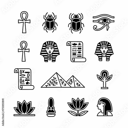 Explore ancient Egypt with iconic symbols like pyramids, scarabs, ankhs, pharaohs, and lotus blossoms