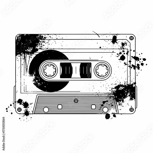 Retro cassette tape with cool distressed grunge effect evokes nostalgia, perfect for music and 80s themed designs