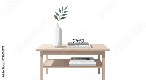 Minimalist wooden side table with books and vase.