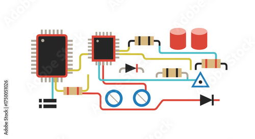 Electronic Circuit Diagram with Microchips Resistors Capacitors and Wiring.
