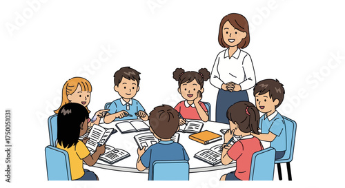 Teacher with Students Around a Table in Classroom Setting.