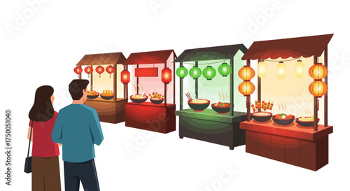 Couple viewing colorful Asian street food market stalls with lanterns.
