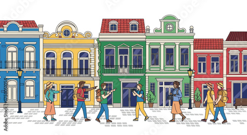 Colorful European Townhouses with People Walking on Sidewalk.