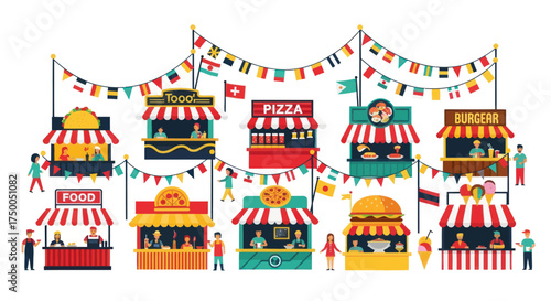 Vibrant Food Stalls at a Festive Outdoor Market with Colorful Bunting.