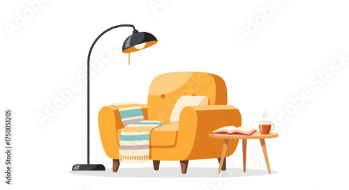 Cozy Yellow Armchair with Floor Lamp and Side Table Illustration.