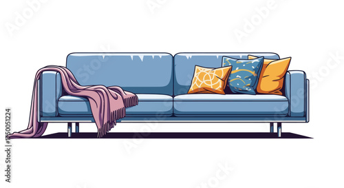 Comfortable Light Blue Sofa with Decorative Pillows and Blanket.