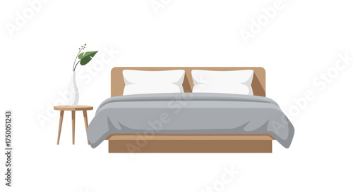 Modern Bed with Wooden Frame and Gray Bedding Beside a Small Table with Vase.