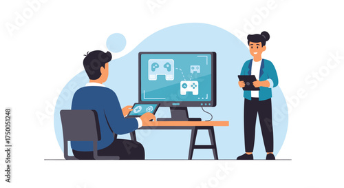 People Learning Drone Control Software on Computer with Instructor.