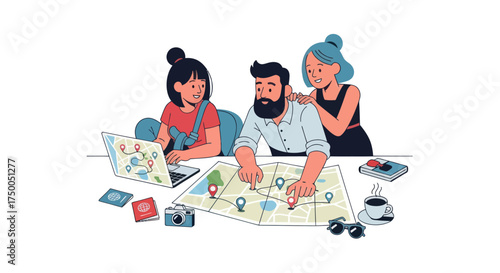 Diverse group of people planning a trip using a map and laptop.