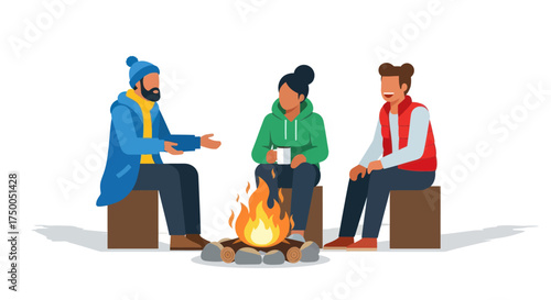 Illustrated friends sitting around a warm campfire enjoying conversation and warmth.