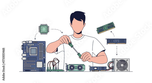 Man Assembling Computer Components with Screwdriver Flat Illustration.