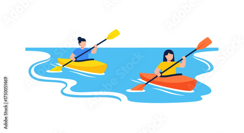 Two people kayaking on a blue body of water with paddles.