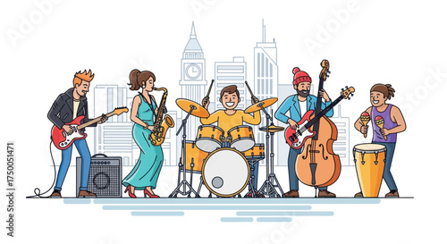 Lively cartoon band performing music with various instruments in front of city skyline.
