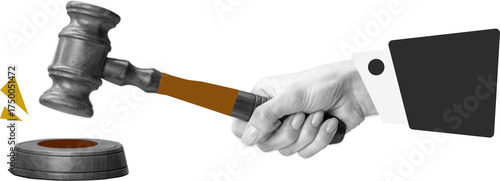 Obraz na płótnie Hand banging wooden gavel in black and white pop art digital collage