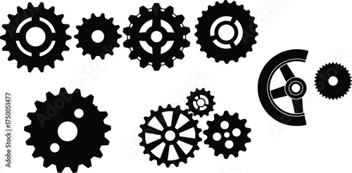 Black gear icons, mechanical cogwheels, industrial machinery parts, engineering tools, vector illustration, technology concept, machine components, technical design, isolated white background