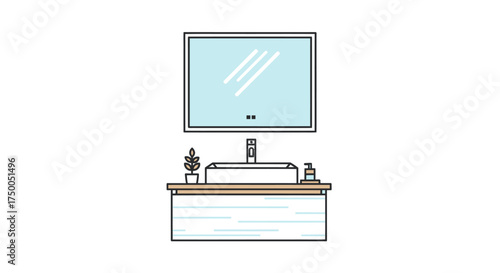 Minimalist Bathroom Vanity Illustration with Sink Mirror and Plant.