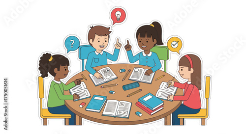 Diverse group of children collaborating around a round table with books and learning materials.