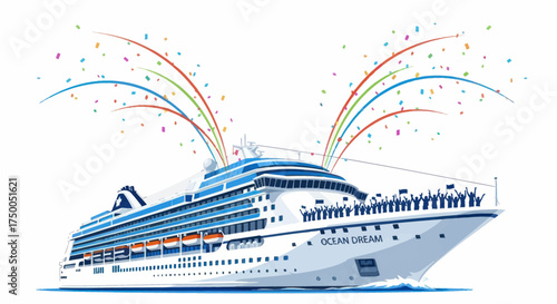 Majestic cruise ship sailing with colorful celebratory fireworks above.