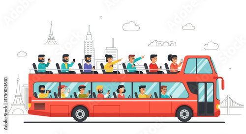 Cheerful tourists enjoying a scenic open-top double-decker bus tour.