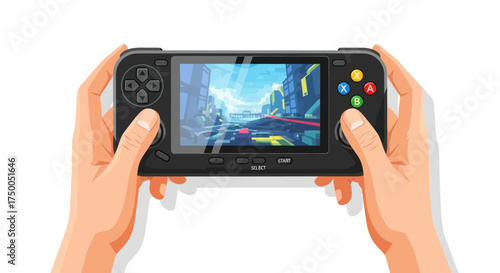 Handheld Game Console with Colorful Buttons and Screen Displaying a Game.