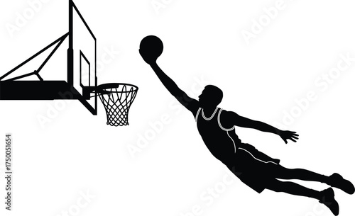 Silhouette of a basketball player making a slam dunk isolated on white background vector illustration