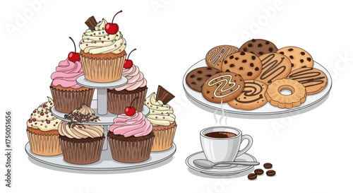 Assortment of Delicious Cupcakes Cookies and Coffee.