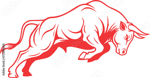 Bold Red Bull Silhouette on Transparent Background Fierce Raging Ox Graphic Element