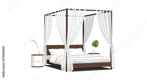 Elegant Four-Poster Bed with White Curtains and Nightstand.