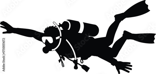 Silhouette of a scuba diver swimming underwater isolated on white background vector art