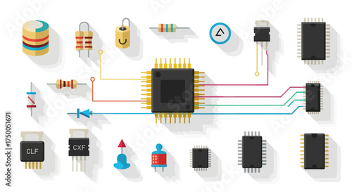 Diverse Electronic Components Set: Microchip Resistors Diodes and Integrated Circuits.