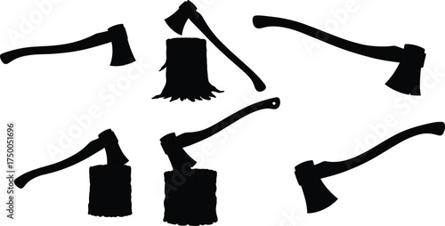 Axe vector illustration, wood chopping tool, tree stump, forestry equipment, lumberjack tool, DIY repair, industrial element, outdoor supply, silhouette design, icon