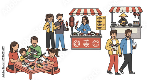 Diverse group enjoying street food and family meal at outdoor market.