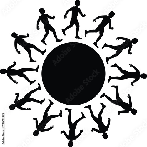 Silhouette of people running around a circle, symbolizing teamwork, community, or a race isolated on white background