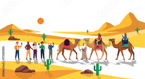 Desert Caravan with Camels and Tourists in a Sandy Landscape.