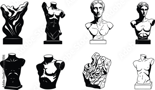 Classical male torso sculpture, ancient bust silhouette, marble statue artwork, antique figure design, vintage art element, artistic anatomy illustration, greek roman sculpture graphic