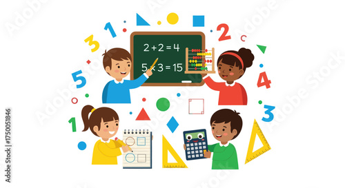 Diverse Cartoon Children Learning Mathematics with Educational Tools.
