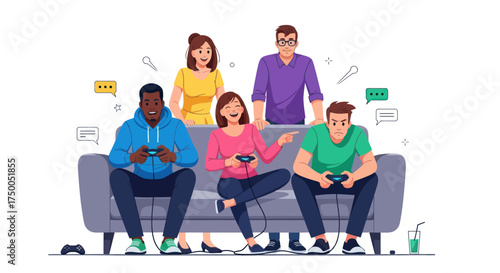 Group of Friends Playing Video Games Together on a Couch Enjoying Leisure Time.