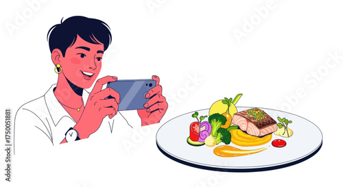 Person photographing gourmet meal with smartphone capturing culinary art.