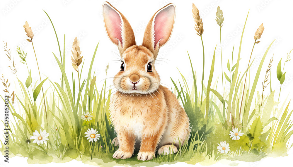 Obraz premium Cute rabbit sitting in green grass with flowers in spring 