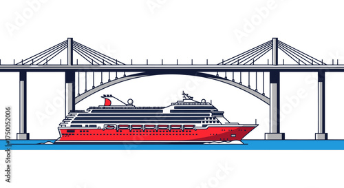 Large Red Cruise Ship Sailing Under a Modern Cable-Stayed Bridge.