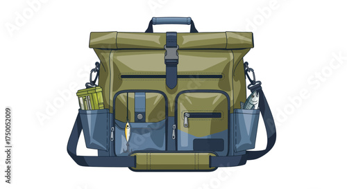 Green and Blue Roll-Top Messenger Bag with Multiple Pockets.