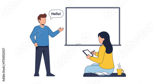 Teacher instructing student at whiteboard with Hallo speech bubble.