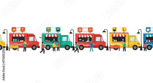 Row of Colorful Food Trucks with Customers and Streetlights.