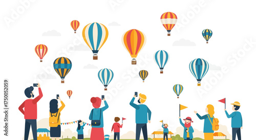 Diverse group of people watching colorful hot air balloons ascend into the sky.