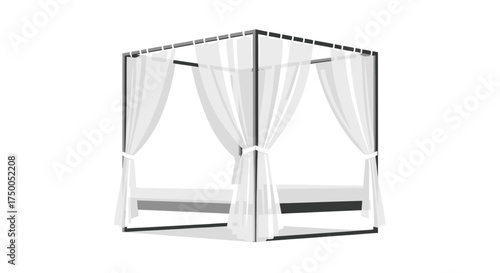 Elegant Black Canopy Bed Frame with White Draping Curtains.