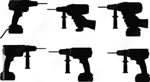 Electric drill vector, power tool silhouette, hand drill, construction equipment, DIY repair tool, mechanical element, industrial component, engineering design, workshop icon, graphic