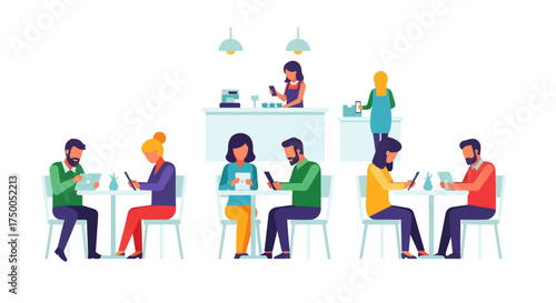 People sitting at tables using mobile phones in a cafe setting.