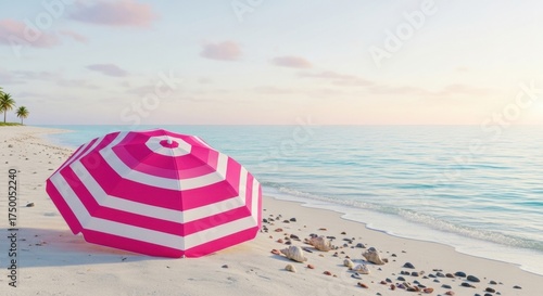 Vibrant Pink and White Striped Beach Umbrella on Serene Tropical Shoreline at Sunrise