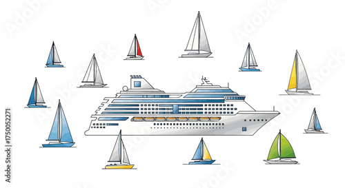 Cruise Ship Surrounded by Sailboats: A Maritime Scene.