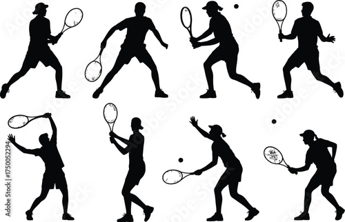 Silhouette of tennis player in various poses, showcasing action and movement isolated on white background